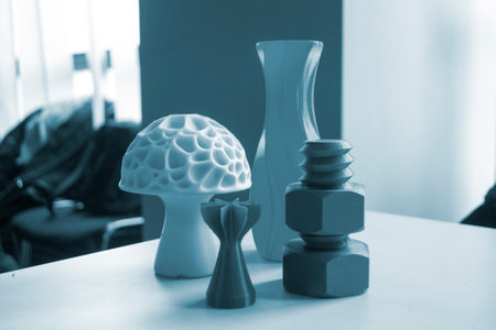 Several art multi-colored objects printed on a 3D printer. Model red vase, white mushroom, green...