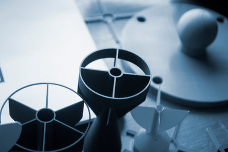 Prototype model of rocket bomb tip printed on 3D printer. Small models of tail fins, tail cone printed on 3D printer from molten plastic on table. New modern innovation printing technologyの写真素材