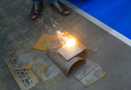 Laser metal cleaning. Metal cleaning with laser from rust. New modern innovative technologies. Metal laser cleaning with portable equipment. Cleansing laser. Highly concentrated powerful radiation.の写真素材