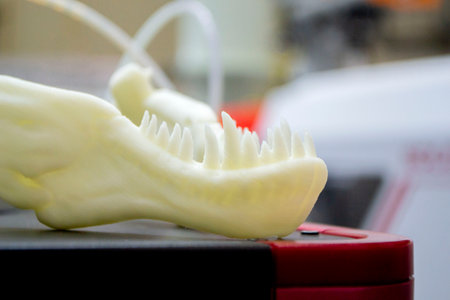 Art object printed on 3D printer. Prototype dinosaur skull head with teeth. Model printed on 3D printer from melted plastic. Object printed close-up. Concept new modern innovation printing technologyの写真素材