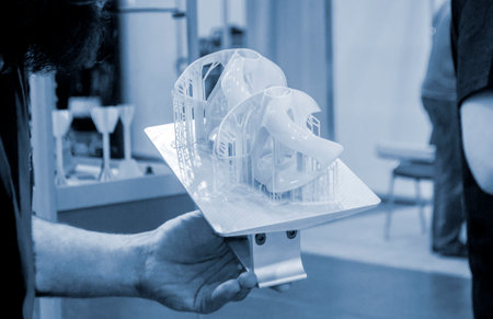 Printed models on 3D printer close-up. Objects printed on photopolymer sla 3D printer from liquid photopolymer resins on printing platform. Modern progressive additive technology. 3D printer printingの写真素材