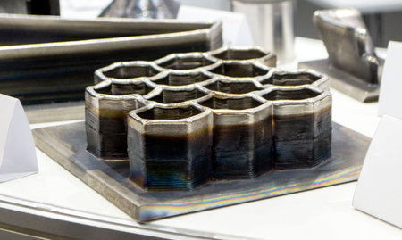 3d printed metal model close-up. Model printed on a 3D printer made of metal. Three-dimensional metal object created by a 3d printer from metal. 3D printing additive modeling manufacturing technologyの写真素材