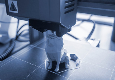 3D printer close-up. The process of working of 3D printer. 3D printer printing object from molten plastic. 3D printer creating model by flowing liquid plastic from an extruder. Printing technologyの写真素材