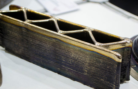 3d printed metal model close-up. Model printed on a 3D printer made of metal. Three-dimensional metal object created by a 3d printer from metal. 3D printing additive modeling manufacturing technologyの写真素材
