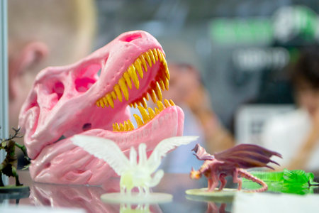 Detailed models in the form of birds printed on 3D printer from polymer close-up. Detailed object...