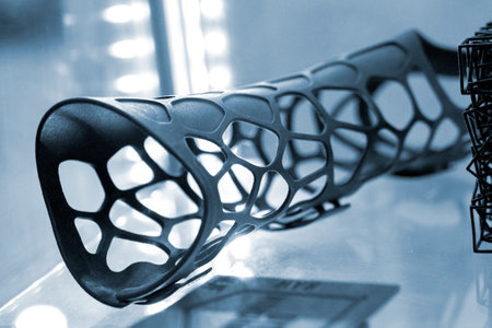 Hand splint corset prosthesis printed on 3D printer from molten black plastic powder. Medical orthosis fixator plastic overlay created on 3D printer. New modern medical 3D printing technologiesの写真素材