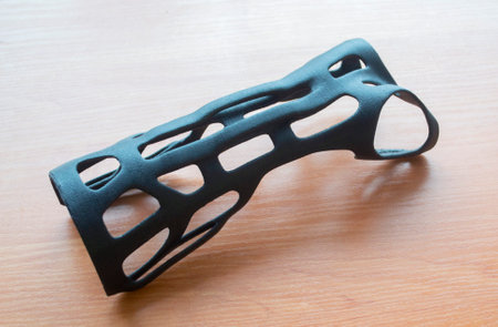Hand splint corset prosthesis printed on 3D printer from molten black plastic powder on table. Medical orthosis fixator plastic overlay created on 3D printer. New modern medical 3D printing technologyの写真素材