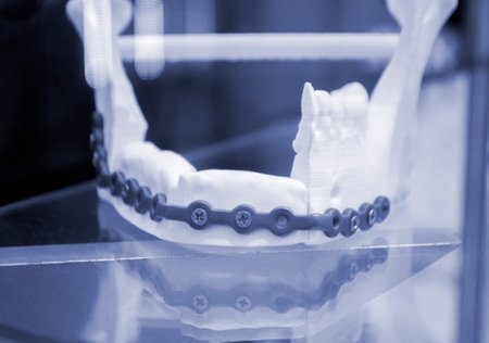 Endoprostheses printed on 3D printer from biocompatible titanium powder. Individual plates, jaw fixation plates on model of lower jaw, which made on 3D printer from white plastic. Endoexoprosthesisの写真素材