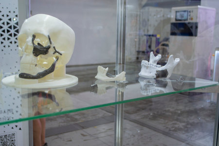 Endoprostheses printed on 3D printer from titanium. Maxillofacial dentures prostheses, jaw fixation plates, dental membranes for directed bone regeneration. Implant. Bioengineering. Endoexoprostheticsの写真素材