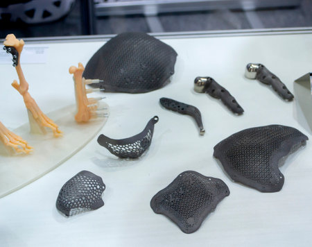 Implants and prostheses printed on 3D printer from biocompatible titanium powder. Cranioplasty for human skull, jaw fixation plates, plates for correction of deformity for animals. Endoprosthesesの写真素材