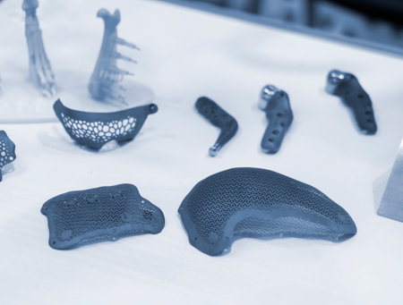 Implants and prostheses printed on 3D printer from biocompatible titanium powder. Cranioplasty for human skull, jaw fixation plates, plates for correction of deformity for animals. Endoprosthesesの写真素材