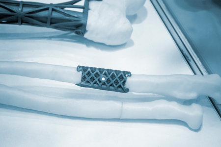 Implants and prostheses printed on 3D printer from biocompatible titanium powder. Titanium implant replacement of tubular bones on white human bone printed on 3D printer. Endoprostheses Bioengineeringの写真素材