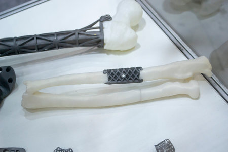 Implants and prostheses printed on 3D printer from biocompatible titanium powder. Titanium implant replacement of tubular bones on white human bone printed on 3D printer. Endoprostheses Bioengineeringの写真素材