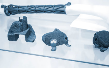 Implants and prostheses printed on 3D printer from biocompatible titanium powder. Individualized human implants hip joints and implants for replacing tubular bones. Endoprostheses. Bioengineeringの写真素材