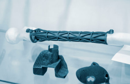 Implants and prostheses printed on 3D printer from biocompatible titanium powder. Individualized human implants hip joints and implants for replacing tubular bones. Endoprostheses. Bioengineeringの写真素材