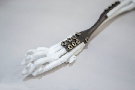 Implants and prostheses printed on 3D printer from biocompatible titanium powder. Plates for correction of deformation for animals. Titanium plates on animal bones printed on 3D printer.の写真素材