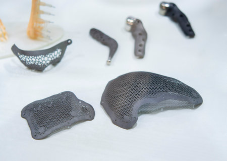 Implants and prostheses printed on 3D printer from biocompatible titanium powder. Cranioplasty for human skull, jaw fixation plates. . Endoprostheses. Bioengineeringの写真素材