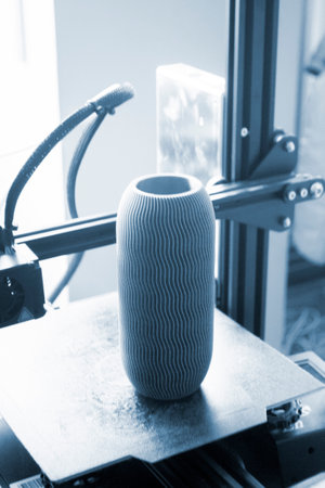 Art object blue vase printed on 3D printer. Abstract model vase created on 3d printer and standing on desktop of 3d printer. FDM 3D Printing technology. Additive modern new progressive technologiesの写真素材