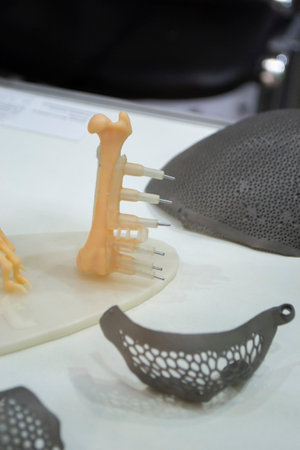 Implants and prostheses printed on 3D printer from biocompatible titanium powder. Plates for correction of deformation for animals. Titanium plates on animal bones printed on 3D printer.の写真素材