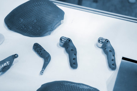 Implants and prostheses printed on 3D printer from biocompatible titanium powder. Cranioplasty for human skull, jaw fixation plates. . Endoprostheses. Bioengineeringの写真素材