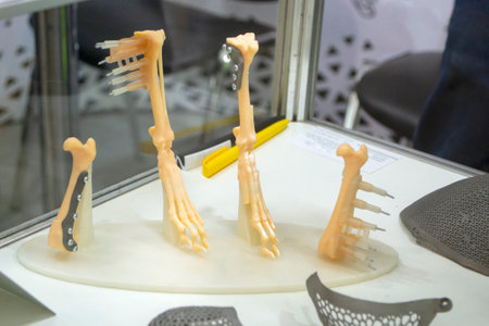 Implants and prostheses printed on 3D printer from biocompatible titanium powder. Plates for correction of deformation for animals. Titanium plates on animal bones printed on 3D printer.の写真素材