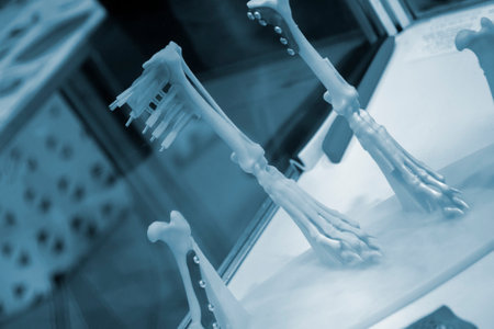 Implants and prostheses printed on 3D printer from biocompatible titanium powder. Plates for correction of deformation for animals. Titanium plates on animal bones printed on 3D printer.の写真素材