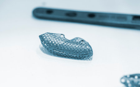 Titanium dental membranes for directed bone regeneration printed on 3D printer on white background. Membrane for lower jaw printed from biocompatible titanium powder. Implants and prosthesesの写真素材