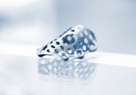 Titanium dental membranes for directed bone regeneration printed on 3D printer on white background. Membrane for lower jaw printed from biocompatible titanium powder. Implants and prosthesesの写真素材