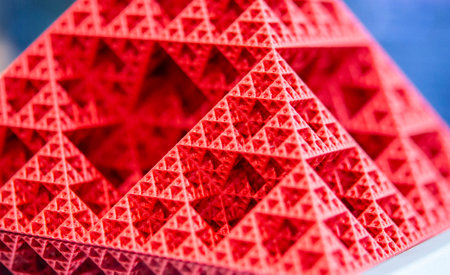 Art object printed on 3D printer from red melted plastic close-up. Model of pyramid created on 3D printer from plastic. 3D Printing technology. Additive progressive technology. New modern technologiesの写真素材