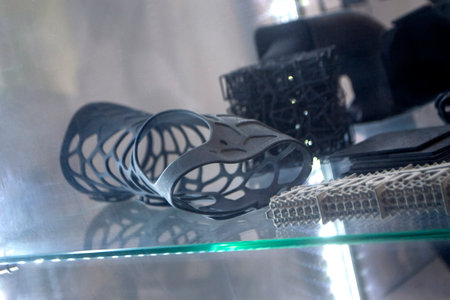 Hand splint corset prosthesis printed on 3D printer from molten black plastic powder. Medical orthosis fixator plastic overlay created on 3D printer. Modern medical 3D printing technologiesの写真素材