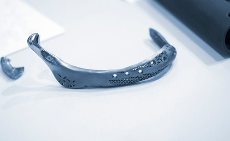 Maxillofacial plates printed on 3D printer from biocompatible titanium powder. Individual metal prosthesis for lower jaw close-up. Titanium biointegrated implants and endoprostheses. Bioengineeringの写真素材