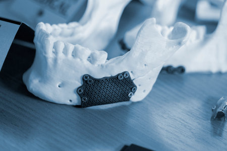 Prototype of lower human jaw with medical titanium implant from biocompatible titanium printed on 3D printer. Maxillo-facial prosthesis anatomical human bone from metal powderの写真素材