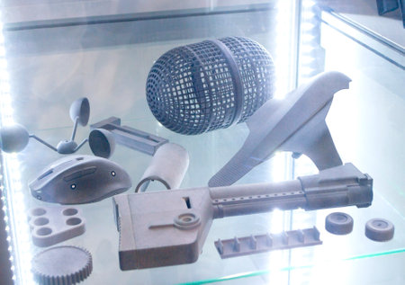 Complex multi-part model printed on 3D printer from black polyamide powder. Detailed prototype...