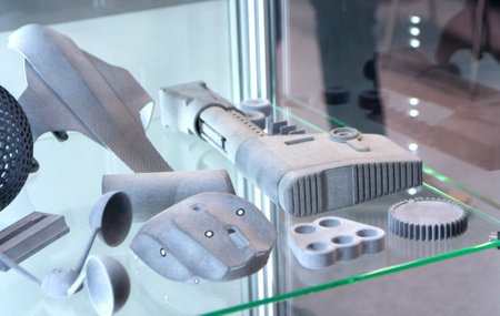 Models printed on 3D printer from grey polyamide powder close-up. Detailed prototype created on 3D...