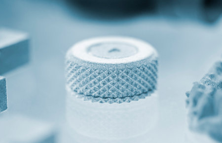 Model printed on 3D printer from grey polyamide powder close-up. Detailed prototype created on 3D...