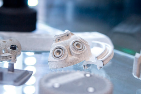 Model printed on 3D printer from grey polyamide powder close-up. Detailed prototype created on 3D...