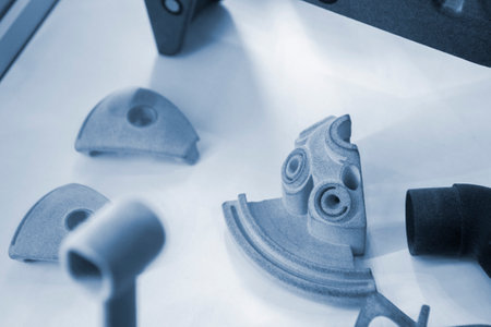 Model printed on 3D printer from grey polyamide powder close-up. Detailed prototype created on 3D...