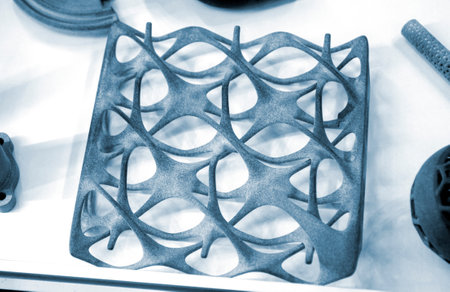 Model printed on 3D printer from grey polyamide powder close-up. Detailed prototype created on 3D...