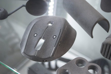 Model printed on 3D printer from grey polyamide powder close-up. Detailed prototype created on 3D...