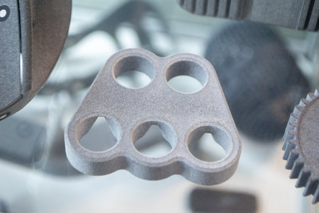 Model printed on 3D printer from grey polyamide powder close-up. Detailed prototype created on 3D...