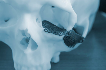 Proto-human skull from white plastic with titanium implants in form of plates and surgical templates printed on 3D printer. Biointegrated prosthesisの写真素材