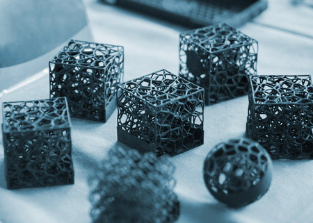 Various objects printed on 3D printer from molten plastic powder. Different models printed on 3D...