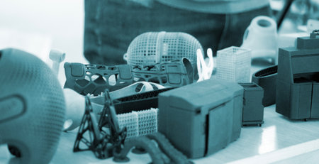 Various objects printed on 3D printer from molten plastic powder. Different models printed on 3D...