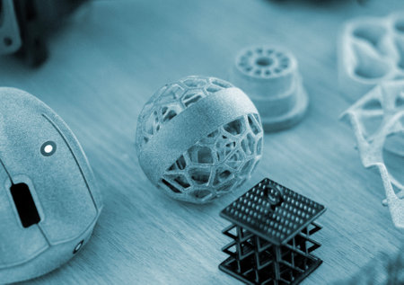 Various objects printed on 3D printer from molten plastic powder. Different models printed on 3D printer from melted grey polyamide powder. Additive 3D printing Multi Jet Fusion MJF technologyの写真素材