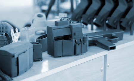 Various objects printed on 3D printer from molten plastic powder. Different models printed on 3D printer from melted black grey polyamide powder. Additive 3D printing Multi Jet Fusion MJF technologyの写真素材
