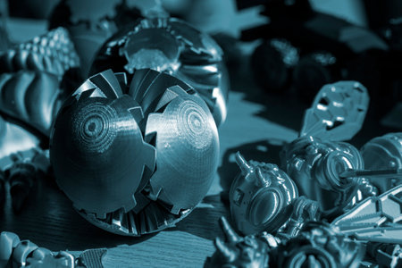 Art object printed on 3D printer close-up. Art creative model created on 3D printer from molten plastic closeup. Three-dimensional 3D printing. Modern new 3D printing technologies. Additive technologyの写真素材