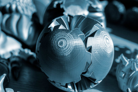 Art object printed on 3D printer close-up. Art creative model created on 3D printer from molten plastic closeup. Three-dimensional 3D printing. Modern new 3D printing technologies. Additive technologyの写真素材