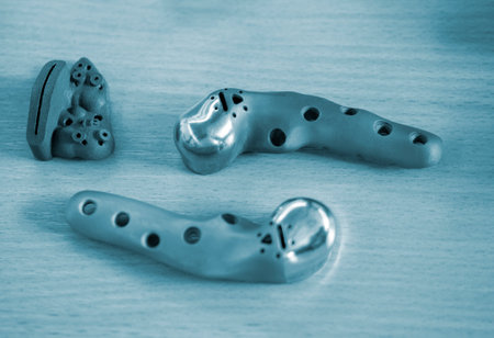 Implants and prostheses printed on 3D printer from biocompatible titanium powder. Jaw fixation plates for human skull. Endoprostheses. Bioengineeringの写真素材