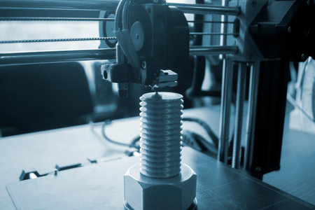 The process of printing on a 3D printer. 3D printer printing object from molten plastic close-up. Creative creation of model on 3D printer. New modern technologies of 3D printing. Additive technologyの写真素材
