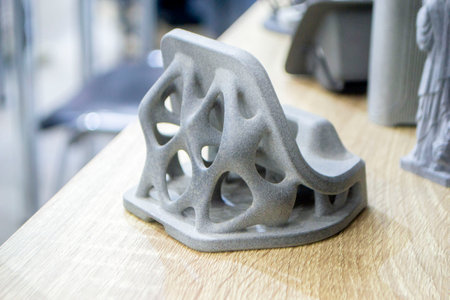 Object printed on a 3D printer from molten plastic powder. Model printed on 3D printer from melted...